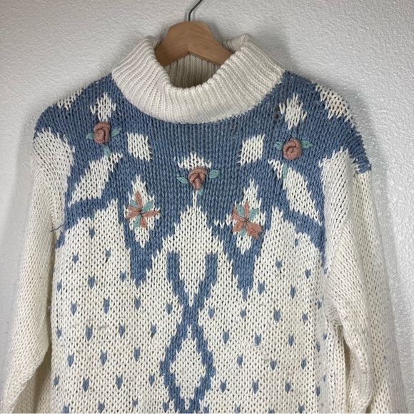 Vintage 80s Knit Sweater Grandma Cottagecore Medium hand knit Floral colterbay - Picture 4 of 12